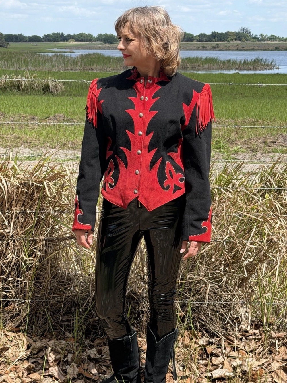 Black and Red Fringe Western Leather & Denim Jacket